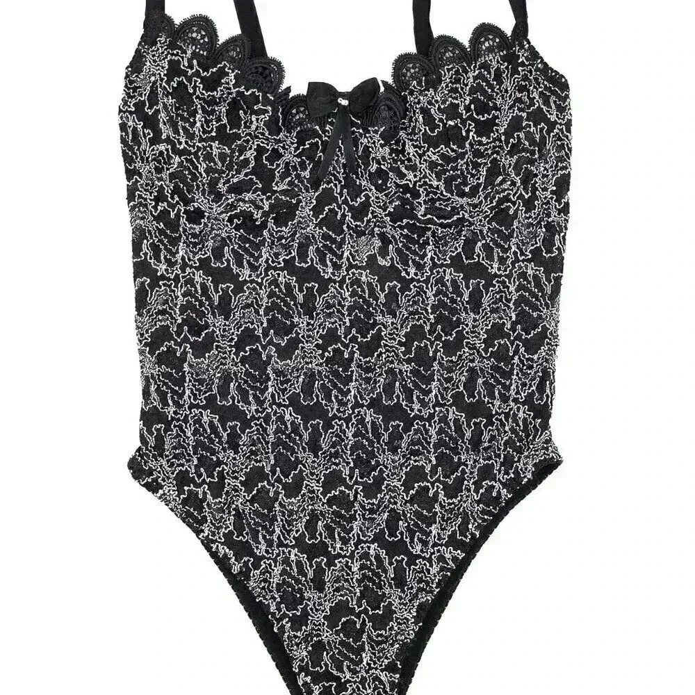 Vintage Black White Bodysuit Small Lace Sleeveless Bodysuit Summer‎ Bodycon Top